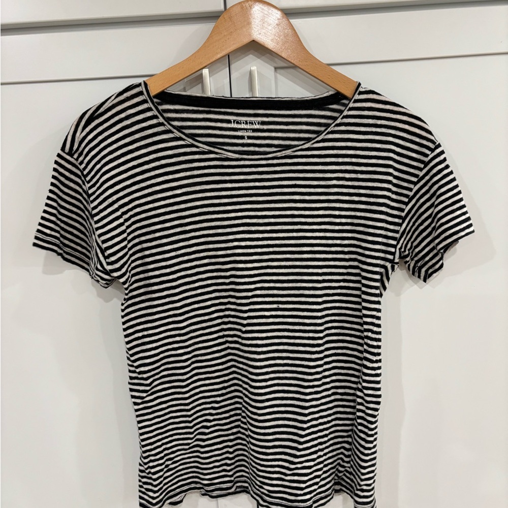 J. Crew Black and White Striped Linen Tee